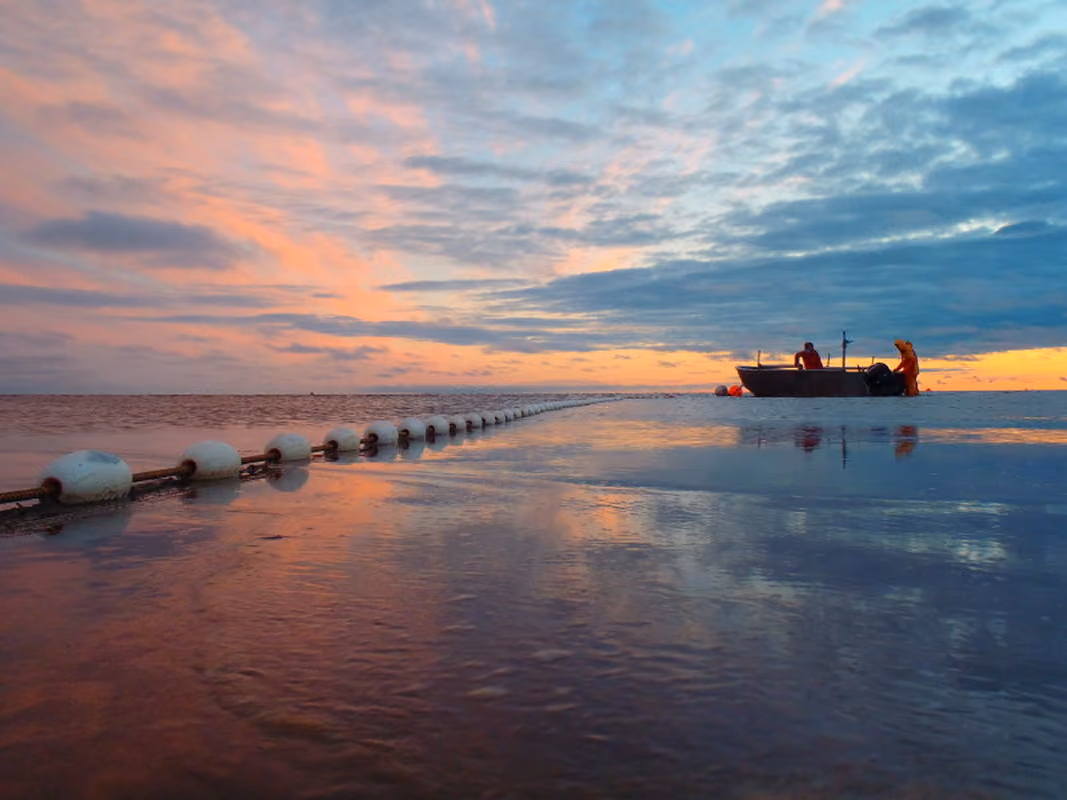 Sunset over a calm sea with a line of white buoys stretching from the foreground to the horizon where two people stand near a small boat on the water.