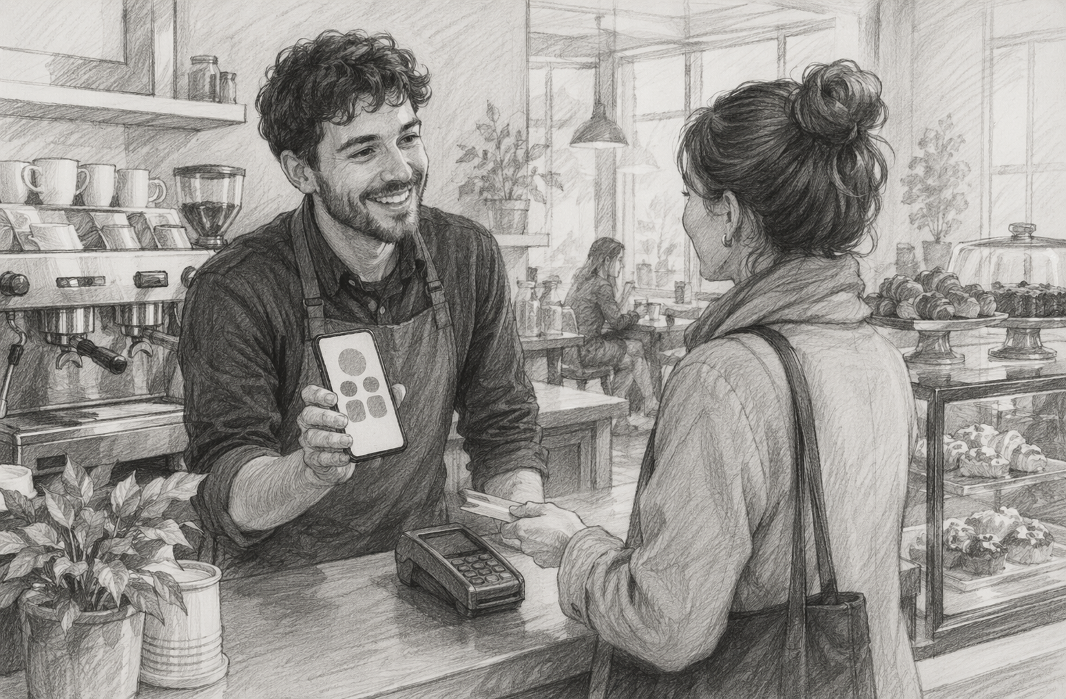 Cafe owner presenting loyalty pass to returning customer