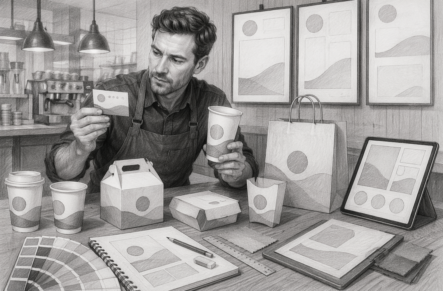 Restaurant manager matching loyalty card mockups with packaging