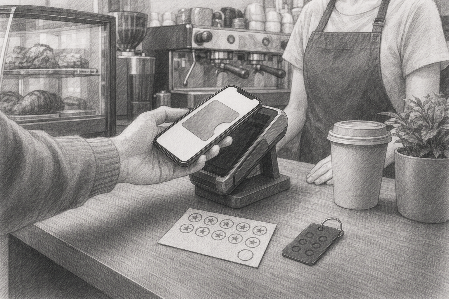 Customer scanning phone wallet pass at cafe counter