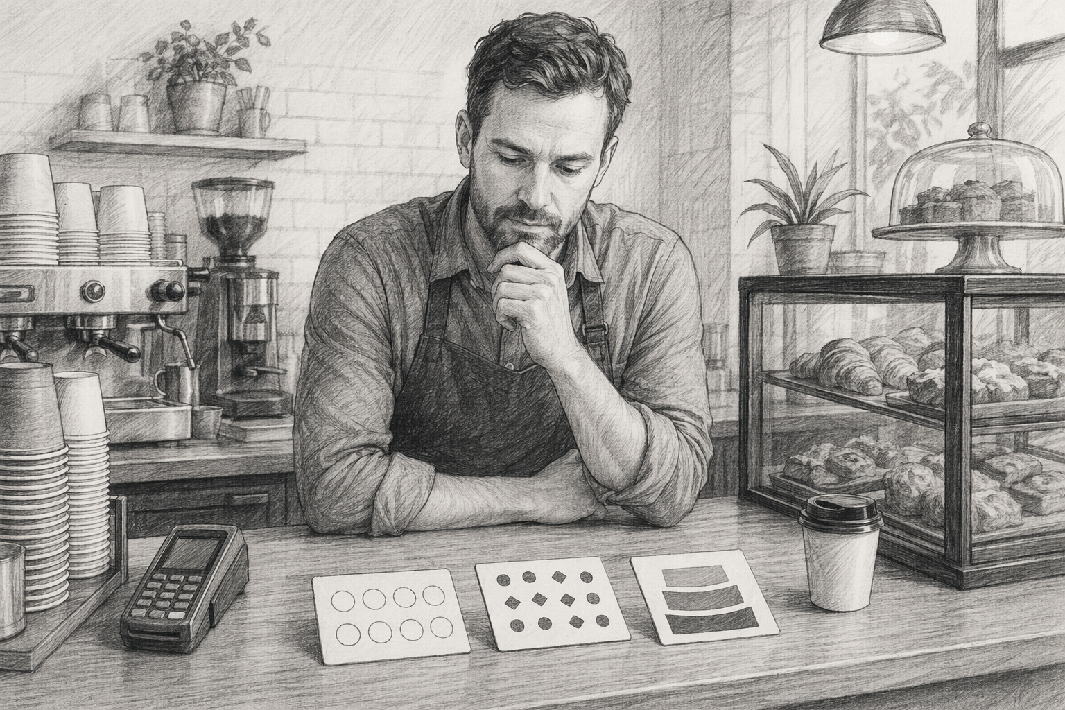 Shop owner comparing loyalty card options at checkout