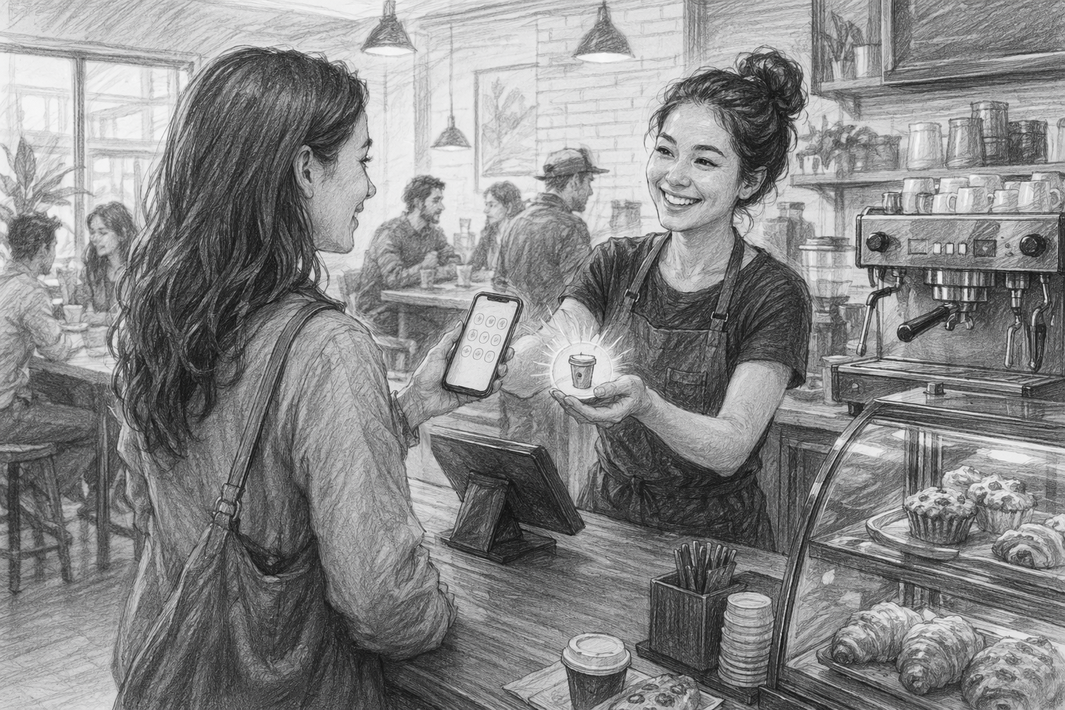 Barista handing digital loyalty card to customer in coffee shop