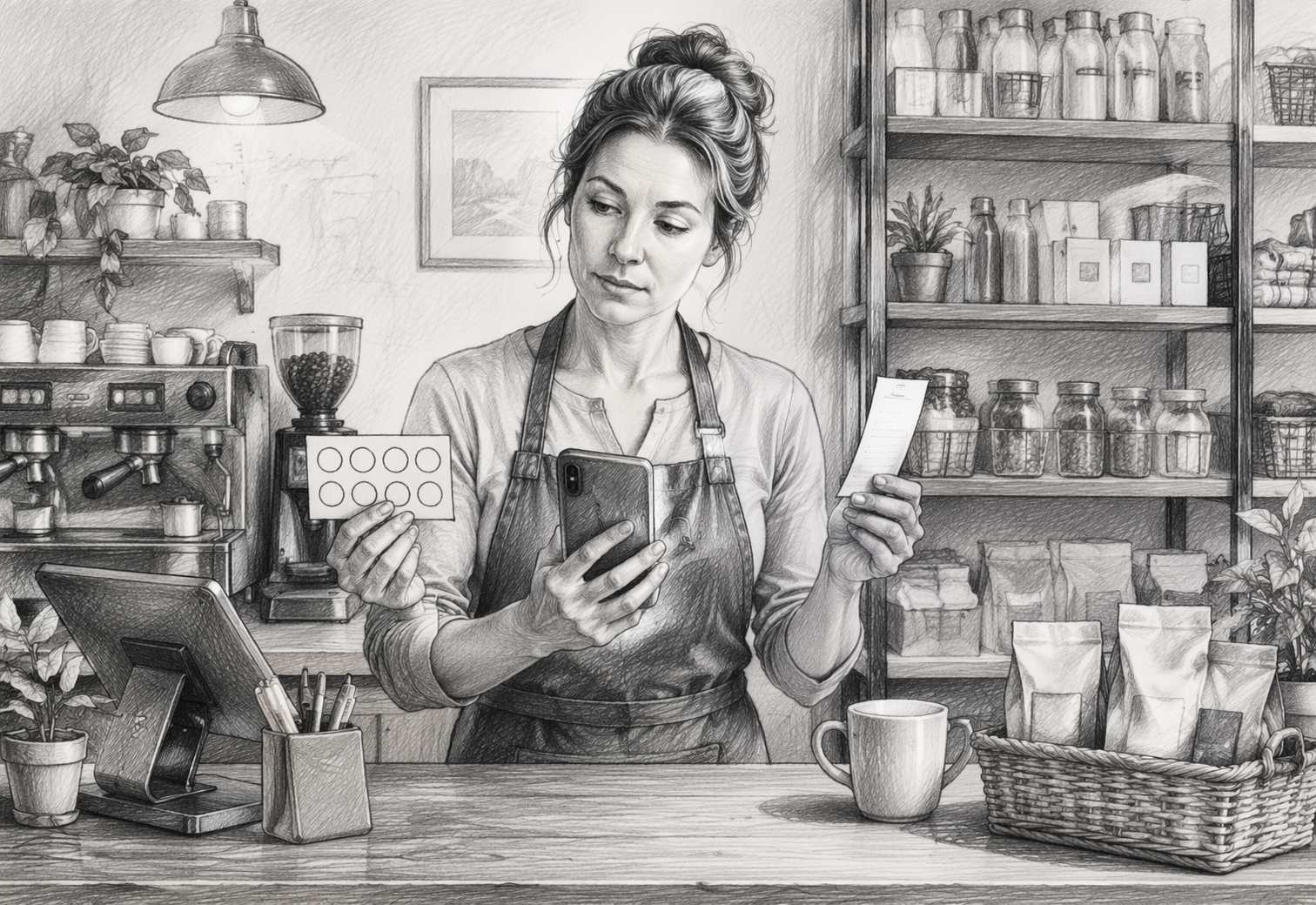 Shop owner comparing stamp card, points app, and cashback receipt