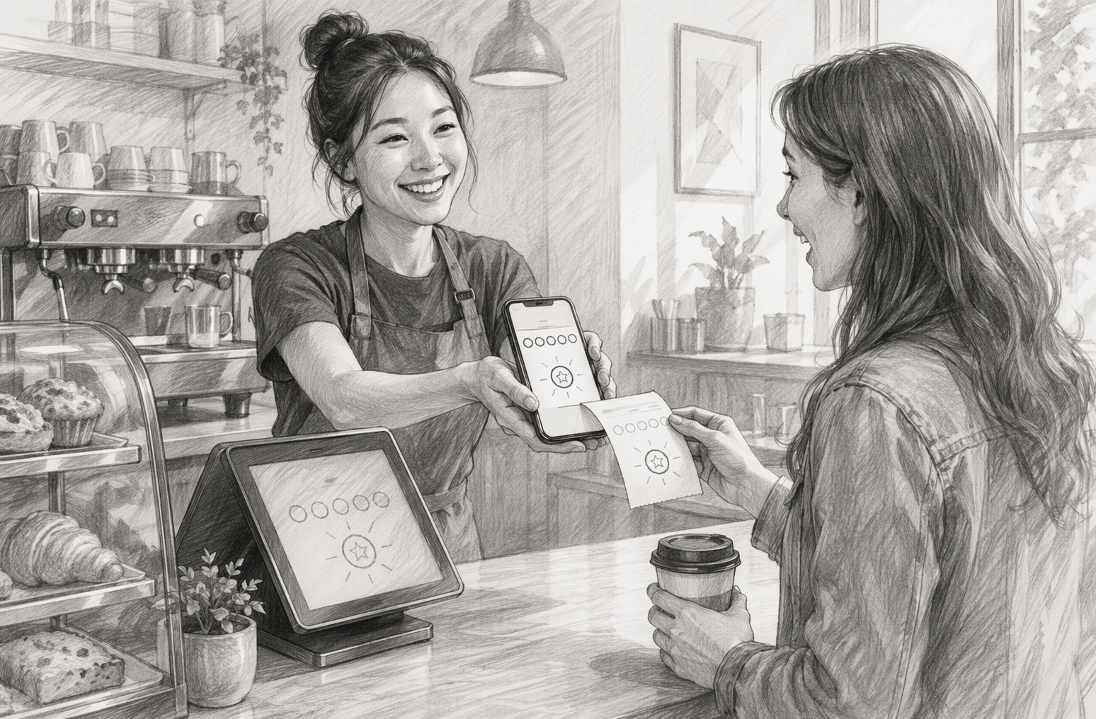 Barista handing digital receipt to customer after stamp reward