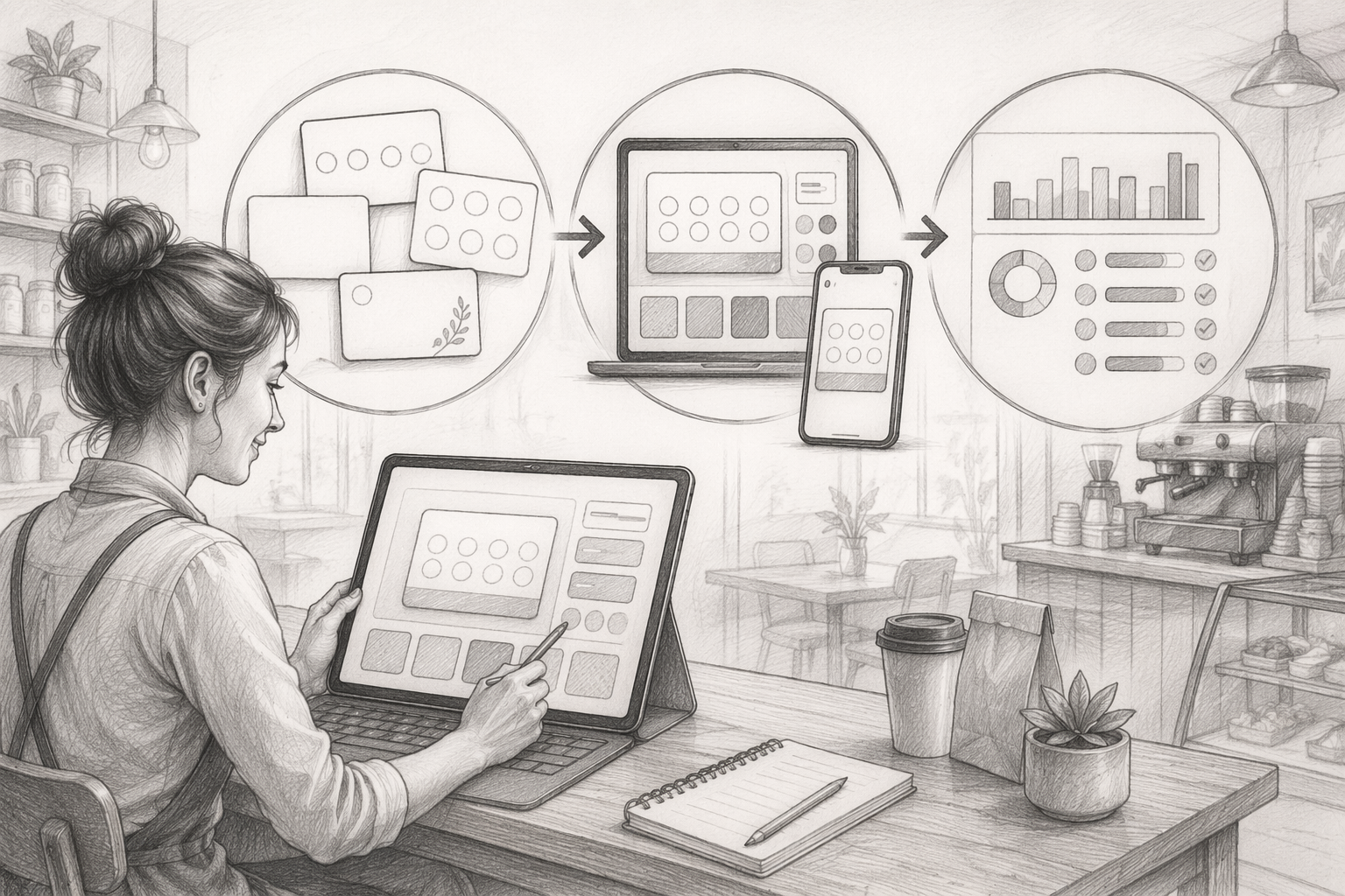 Sketch of a digital workflow with a tablet, sketchpad, and flowchart