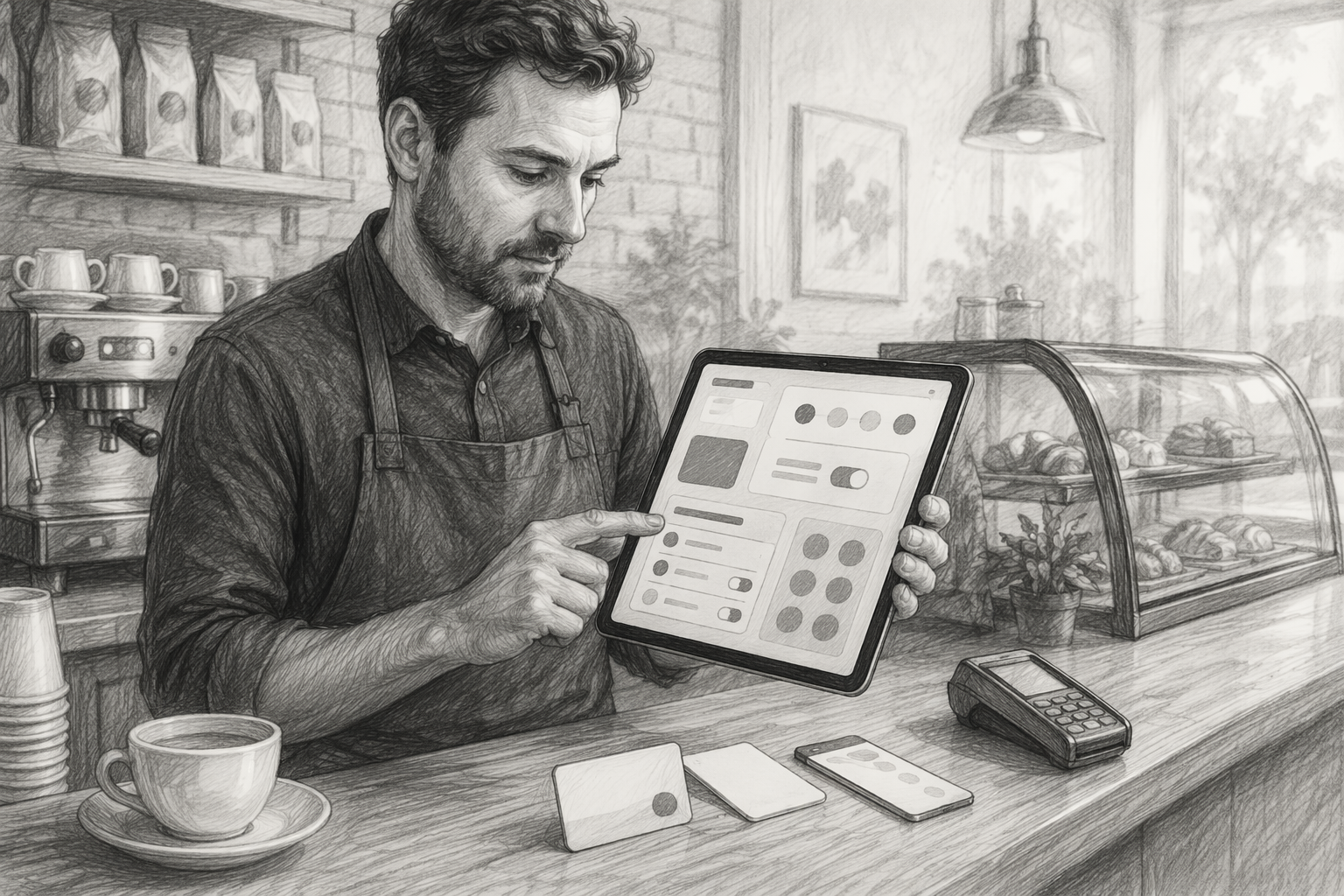 Cafe owner comparing digital loyalty features on tablet
