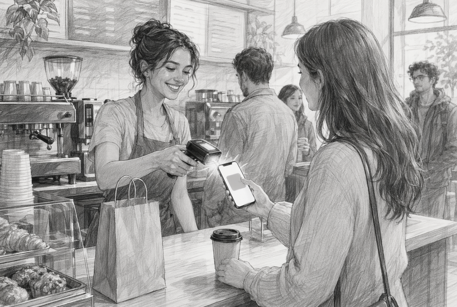 Barista scanning phone pass at busy cafe counter