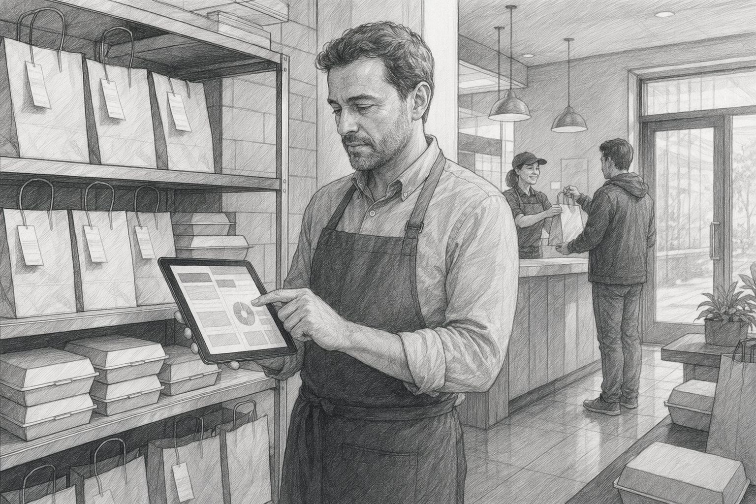 Restaurant manager reviewing loyalty data on tablet