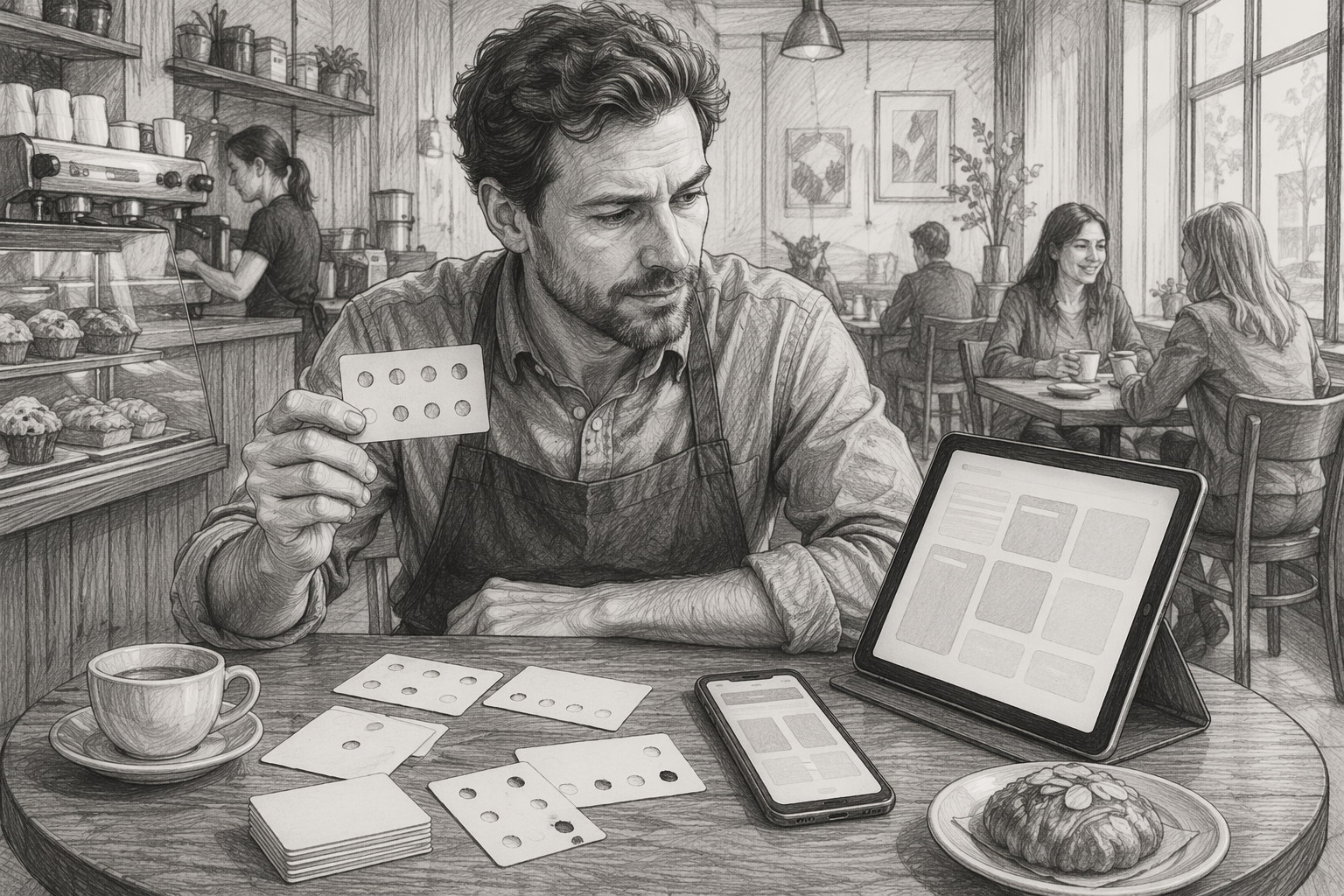 Restaurant owner comparing punch card and digital loyalty options at cafe table