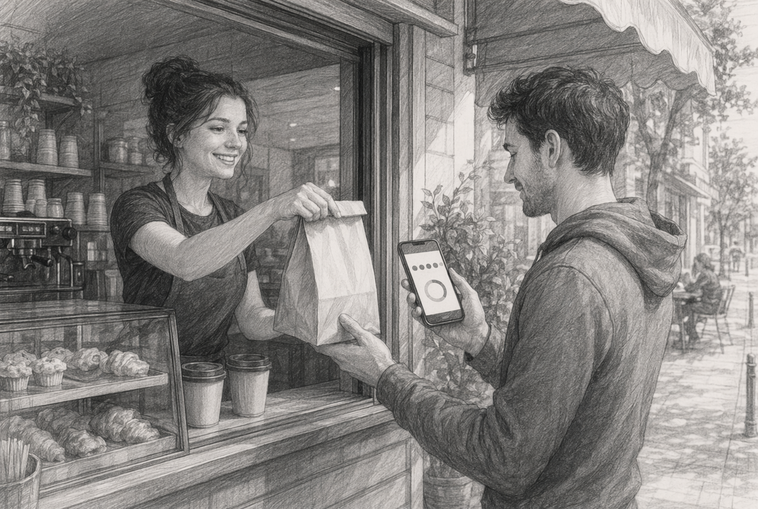 Barista handing pastry to customer with digital loyalty pass