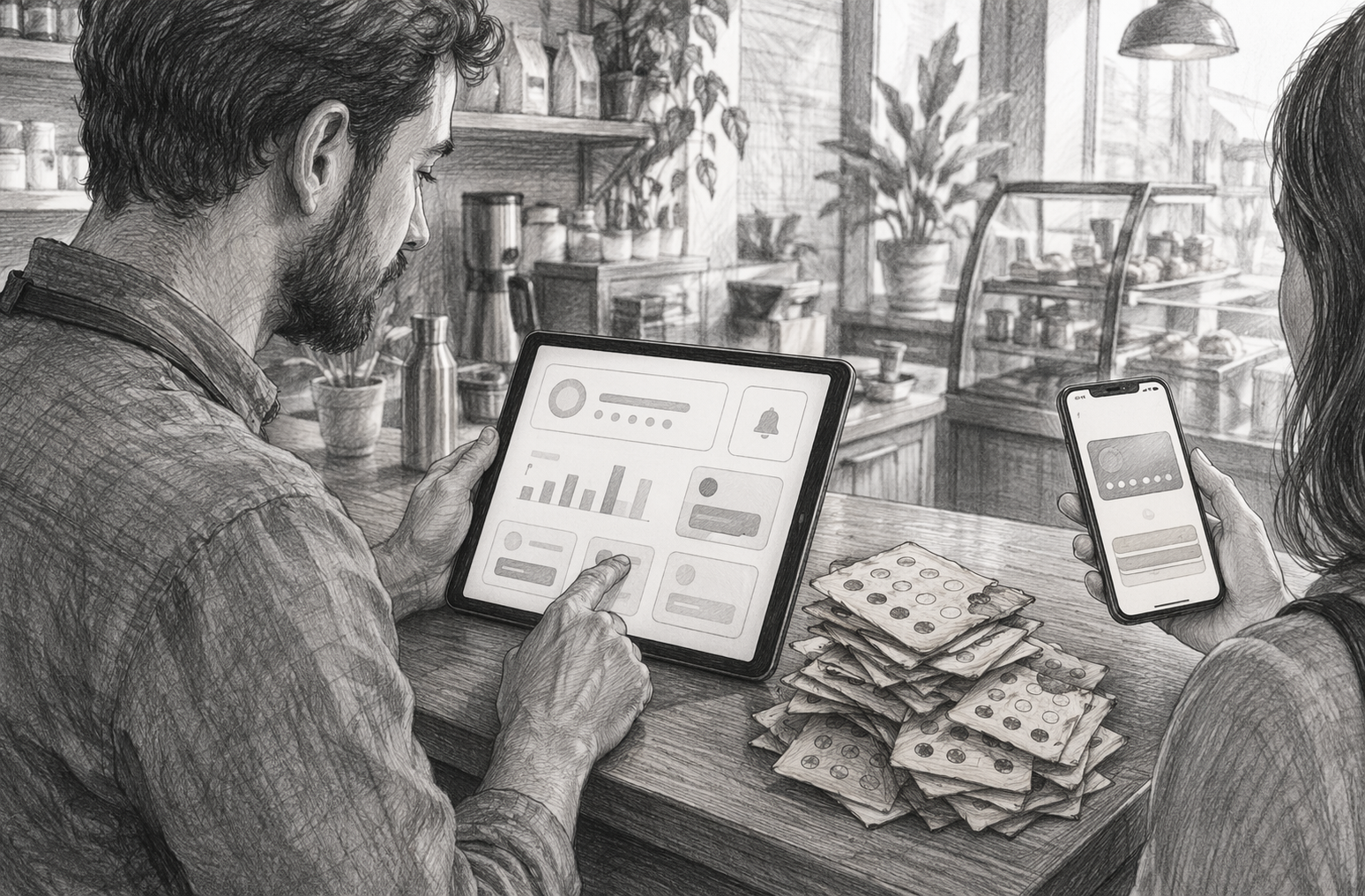 Shop owner reviewing digital loyalty dashboard with paper punch cards