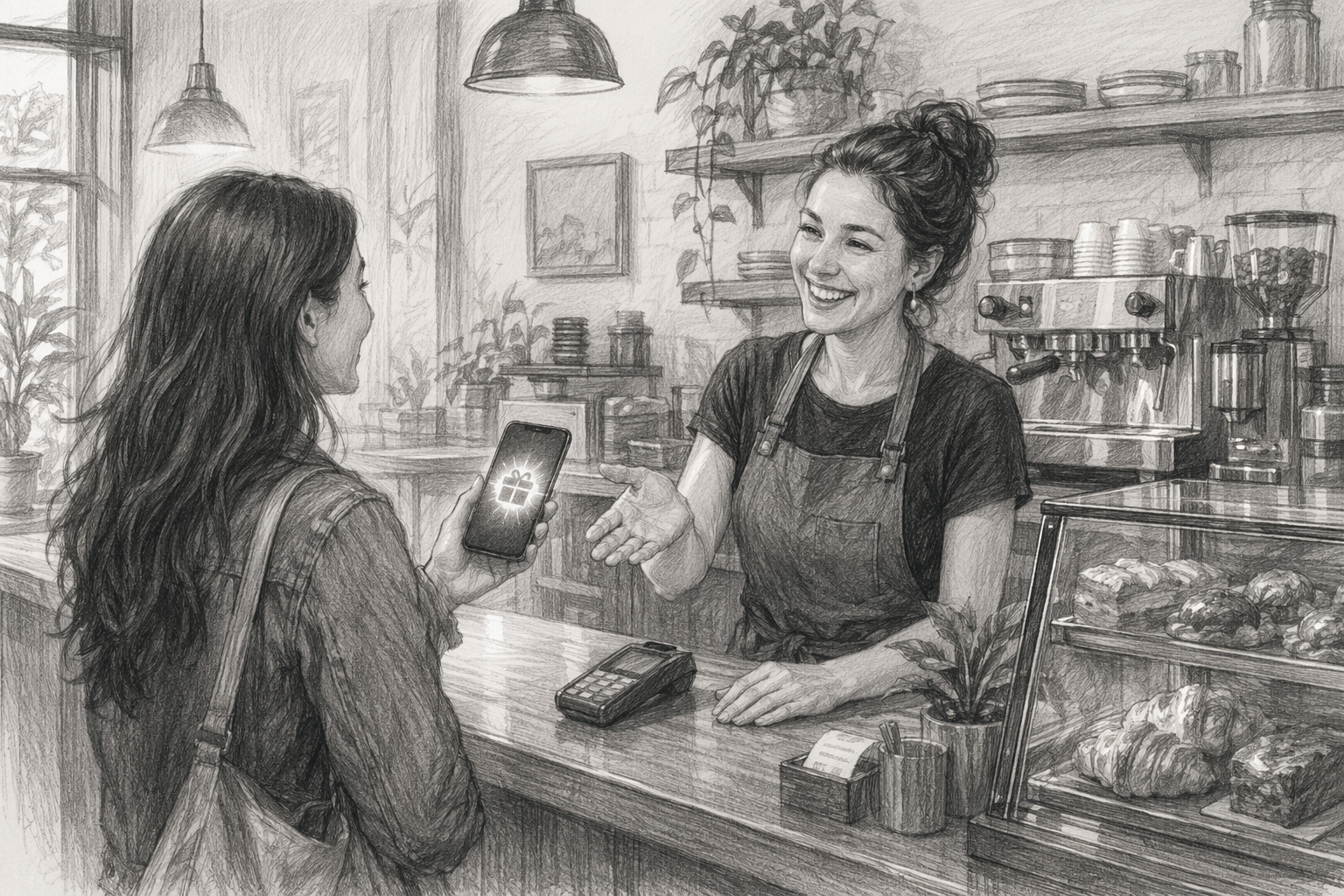 Barista handing digital loyalty reward to customer
