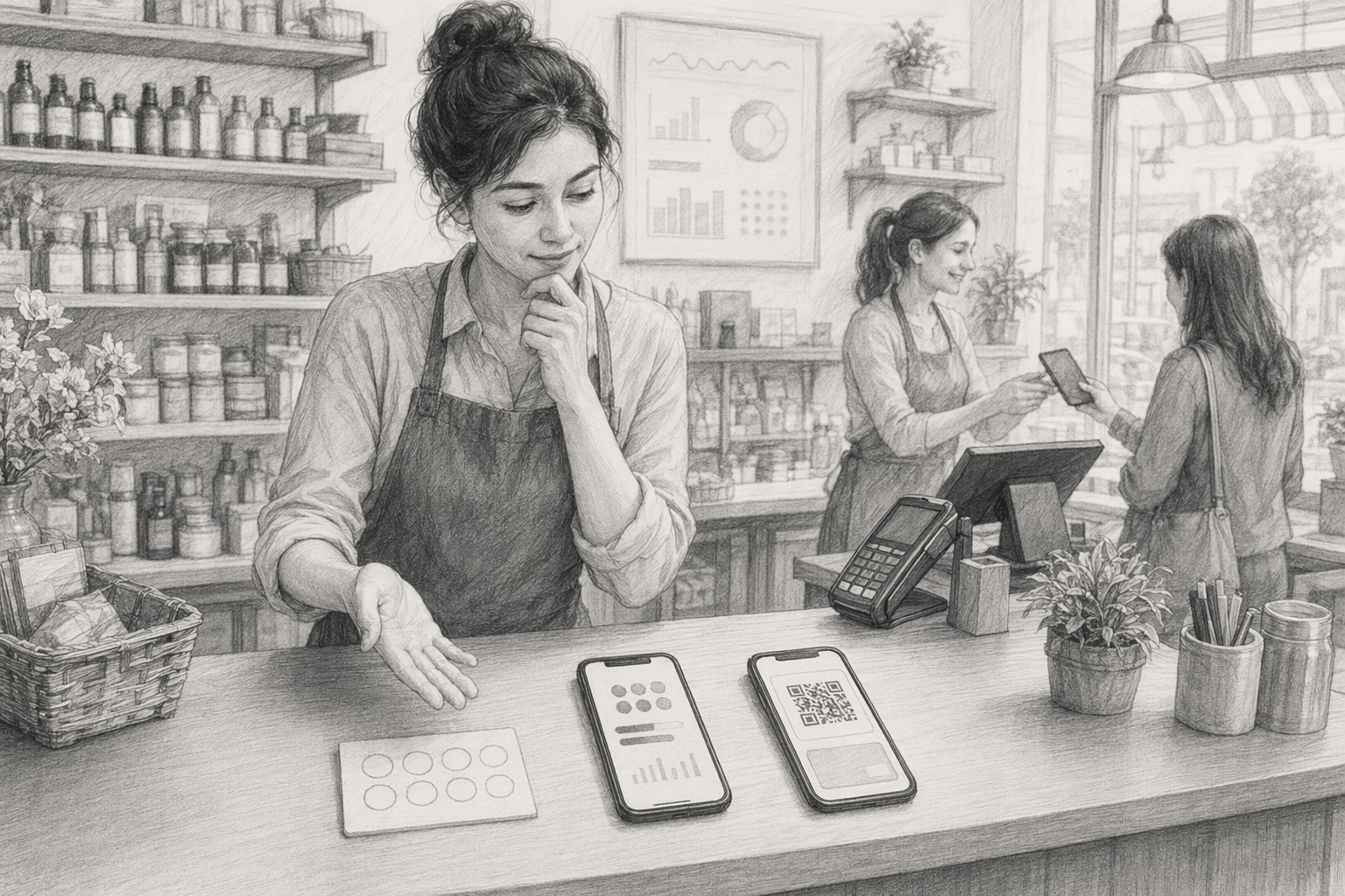 Shop owner comparing loyalty options at counter