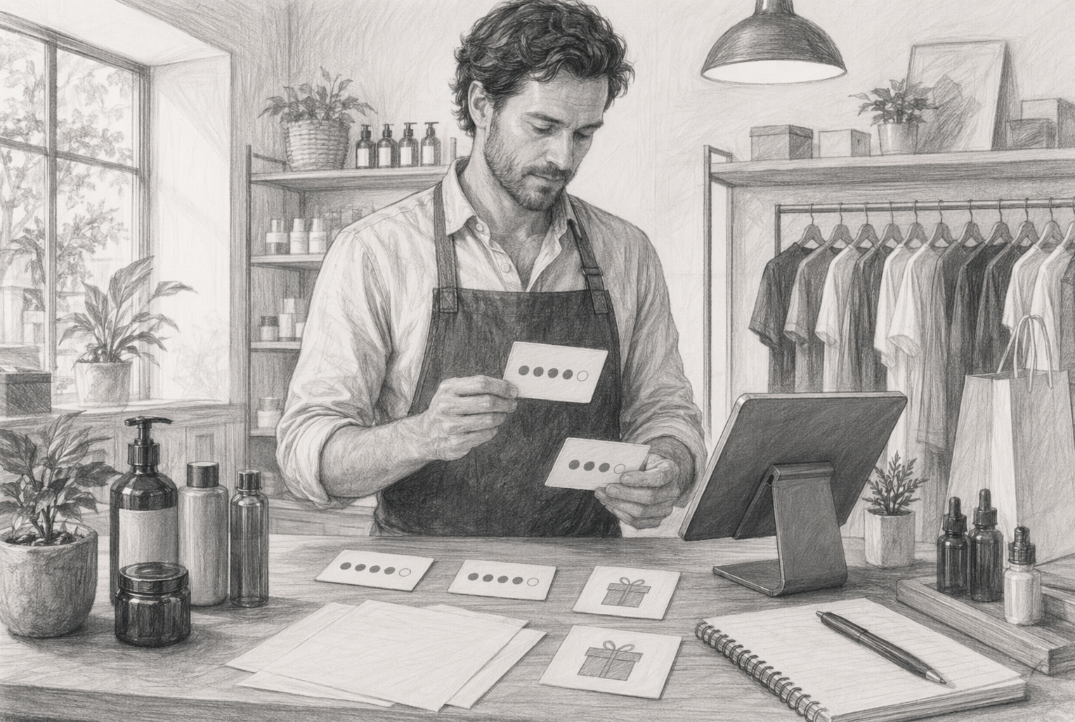 Shop owner reviewing loyalty reward cards at checkout