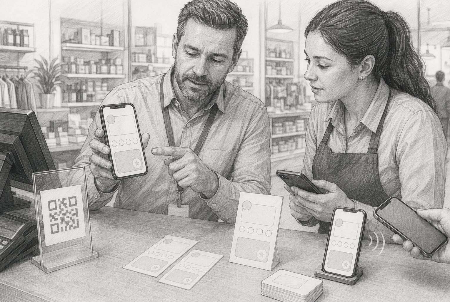 Retail manager reviewing loyalty pass mockups beside QR display stand