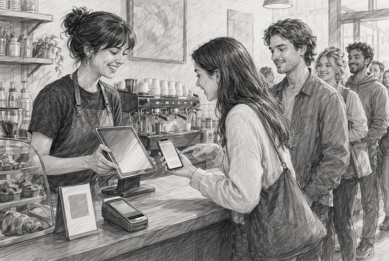 Barista enrolling customer with phone at busy counter