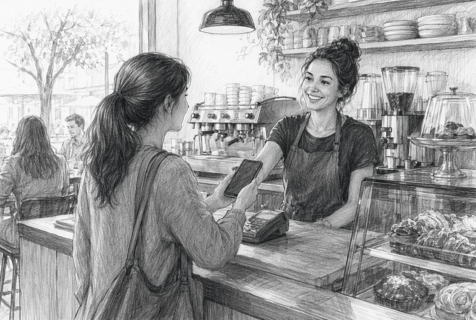 Barista greeting returning customer at cafe checkout