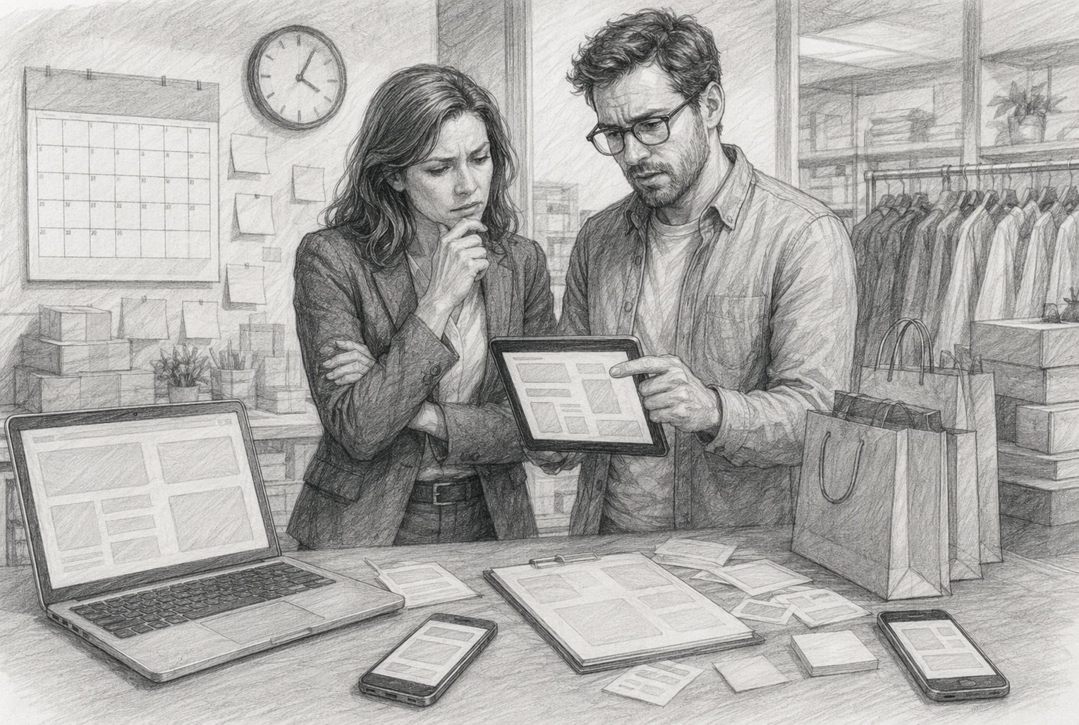 Retail manager and developer reviewing loyalty app approval process