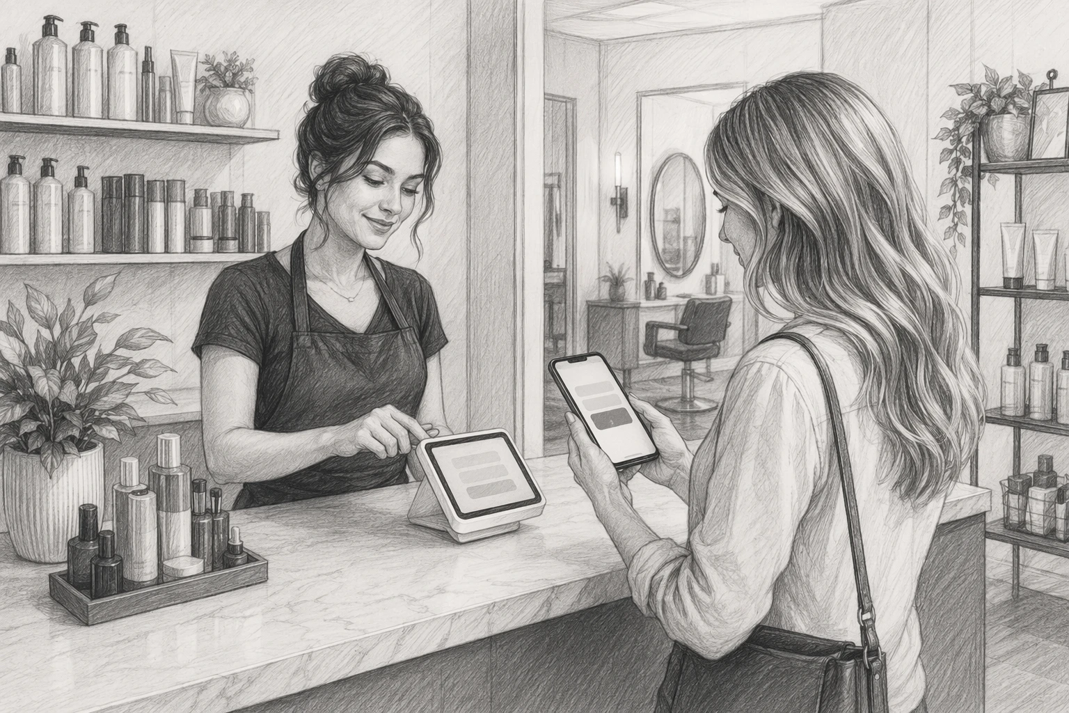 Salon staff tapping Clover Mini at front desk