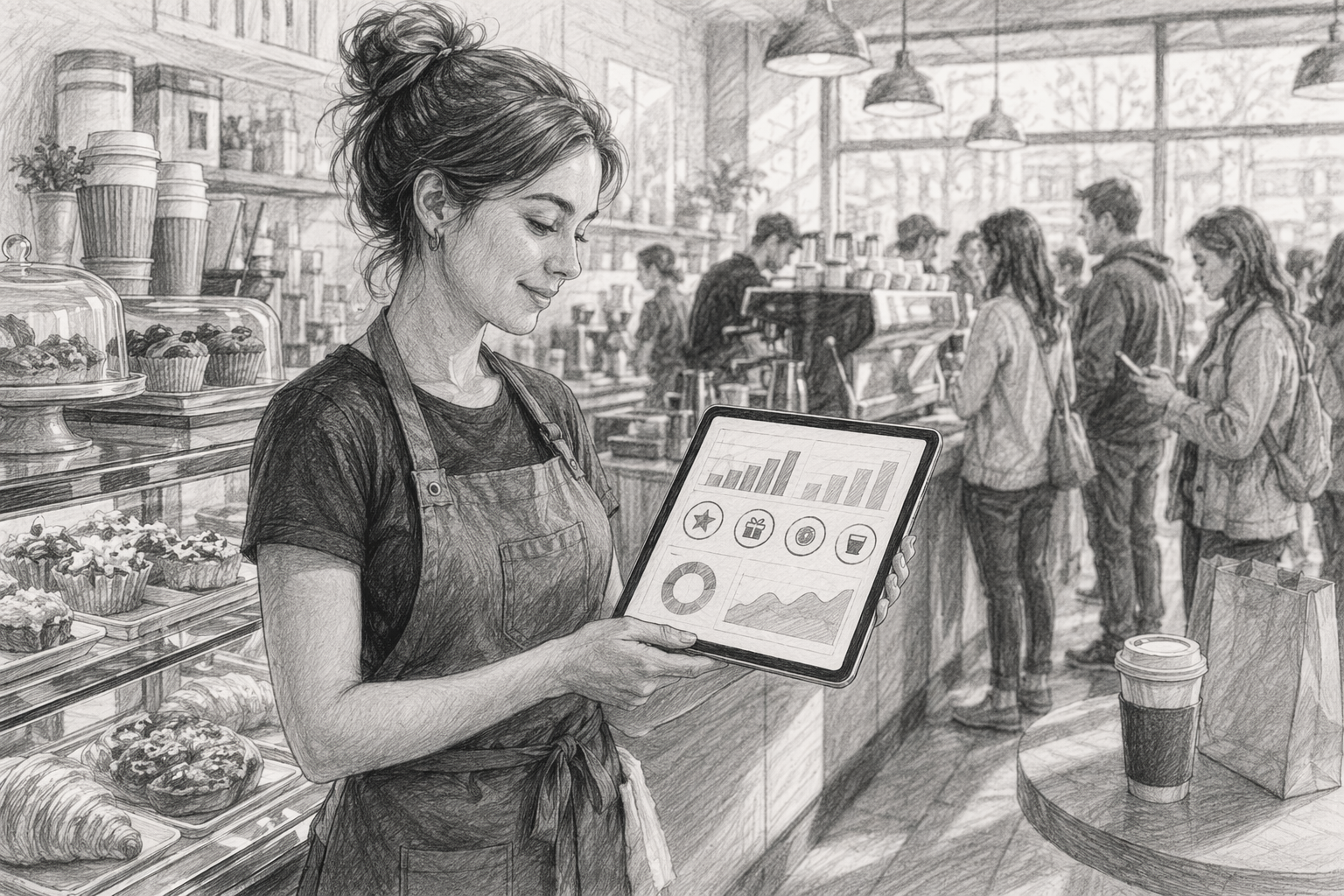 Barista reviewing loyalty dashboard during busy morning