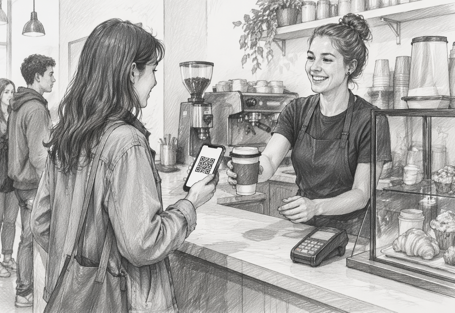 Customer scans QR code while cashier hands takeaway coffee