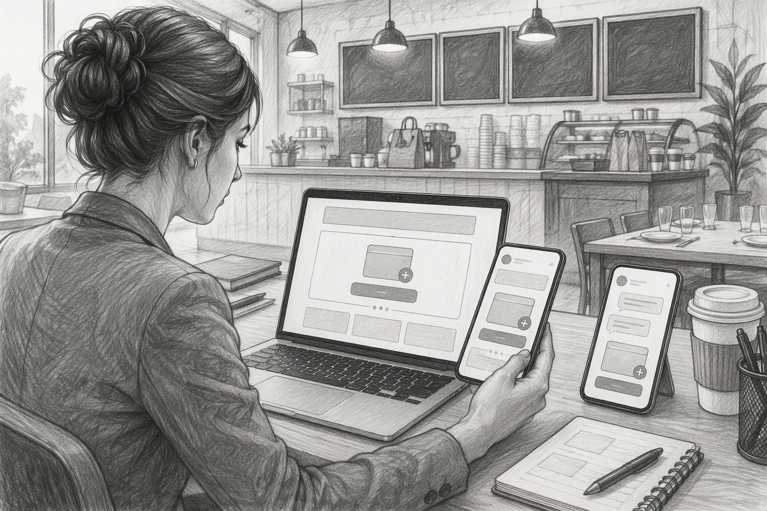 Restaurant marketer reviewing loyalty pass on laptop and phone