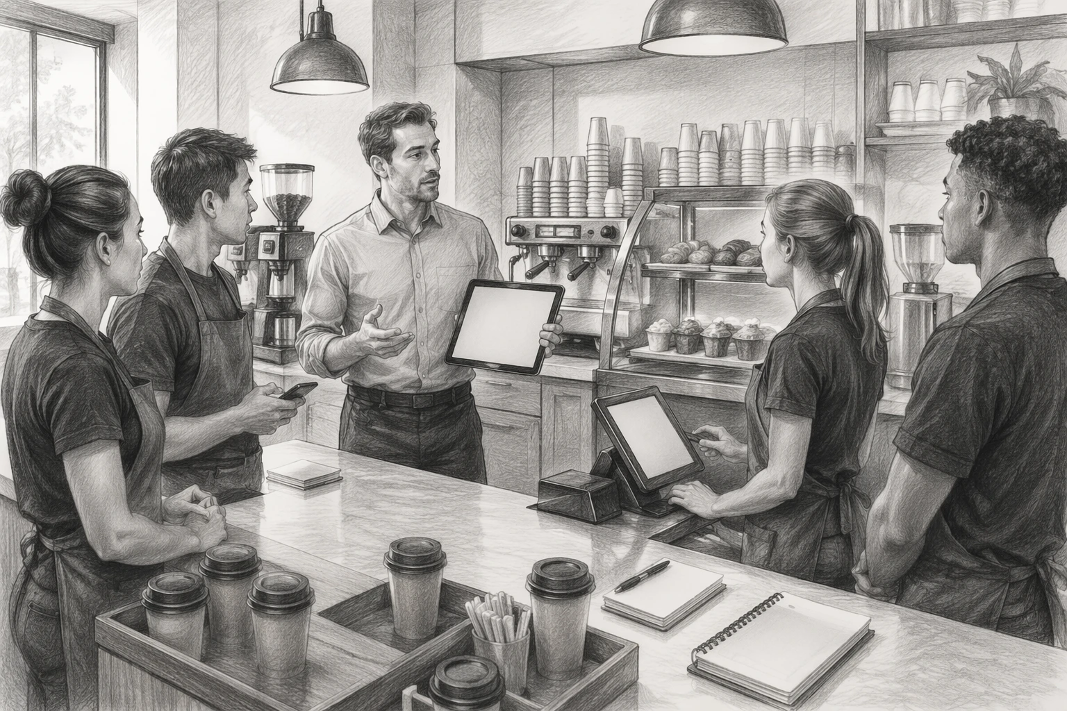 Regional manager coaching cafe team during digital loyalty briefing