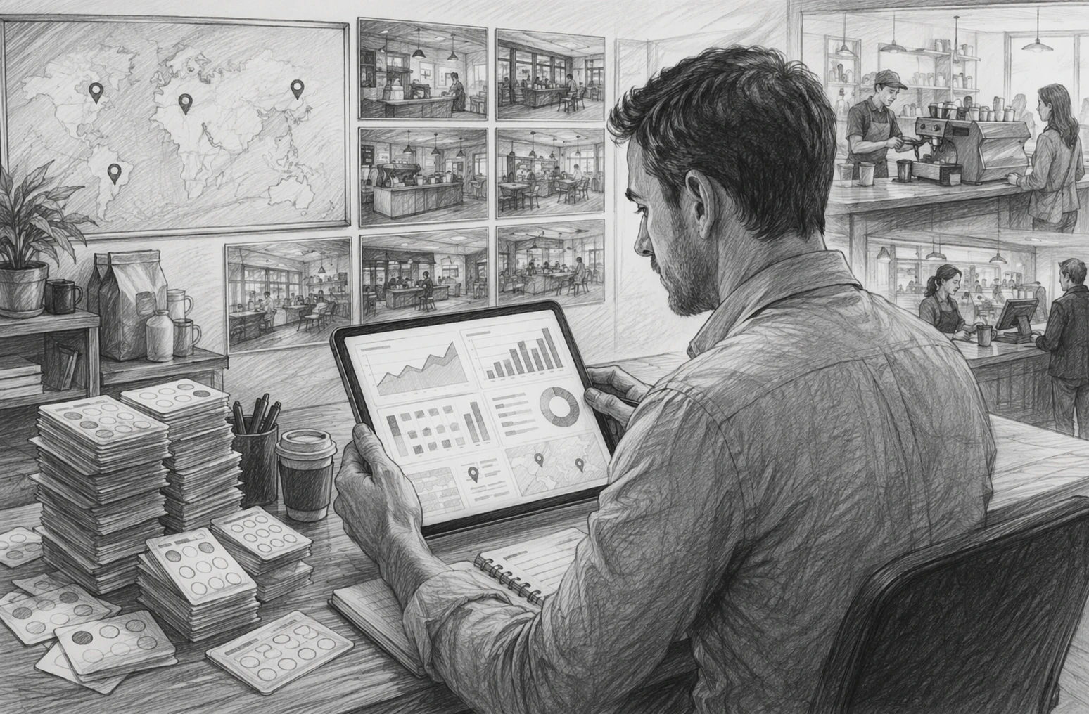 Store manager reviewing loyalty performance dashboard across cafe locations