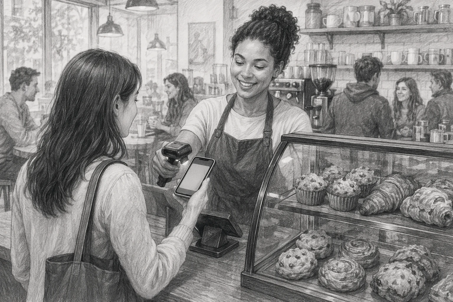 Barista scanning digital pass beside pastries in cafe