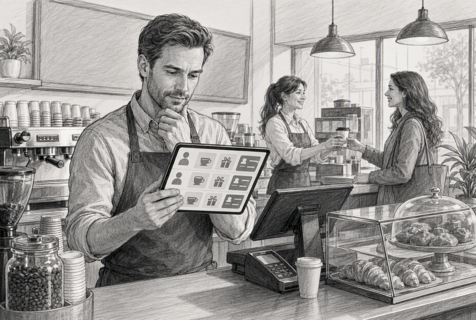 Coffee shop manager reviewing customer segmentation on tablet