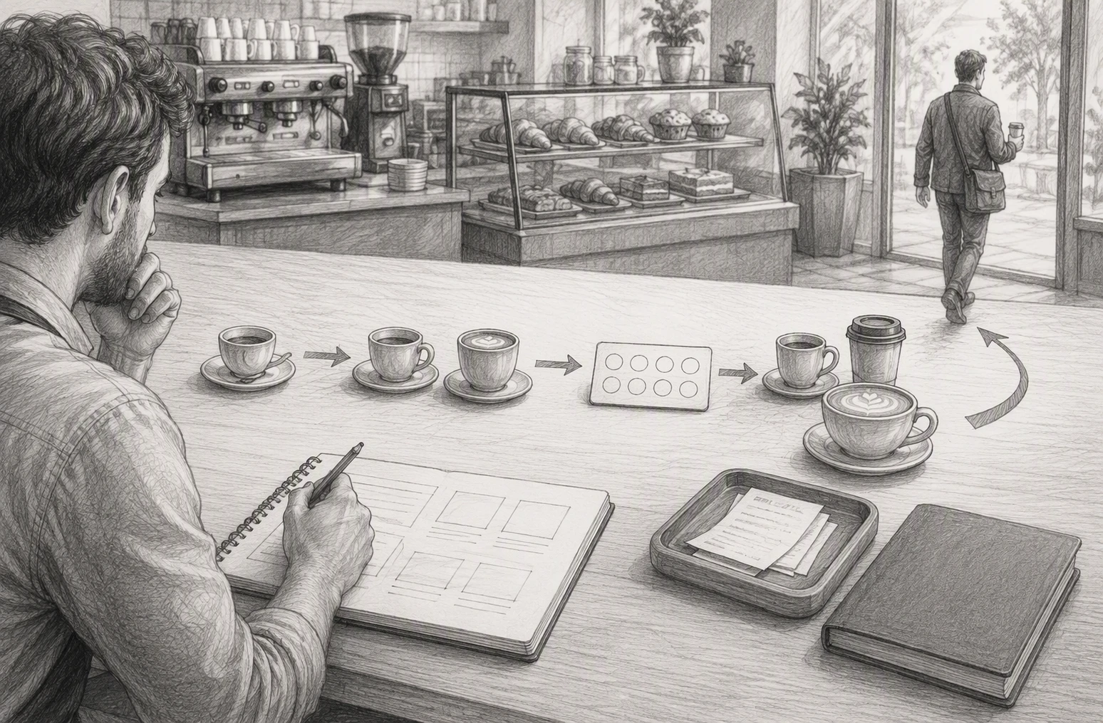 Flowchart of cafe customer visit cycle in pencil sketch style