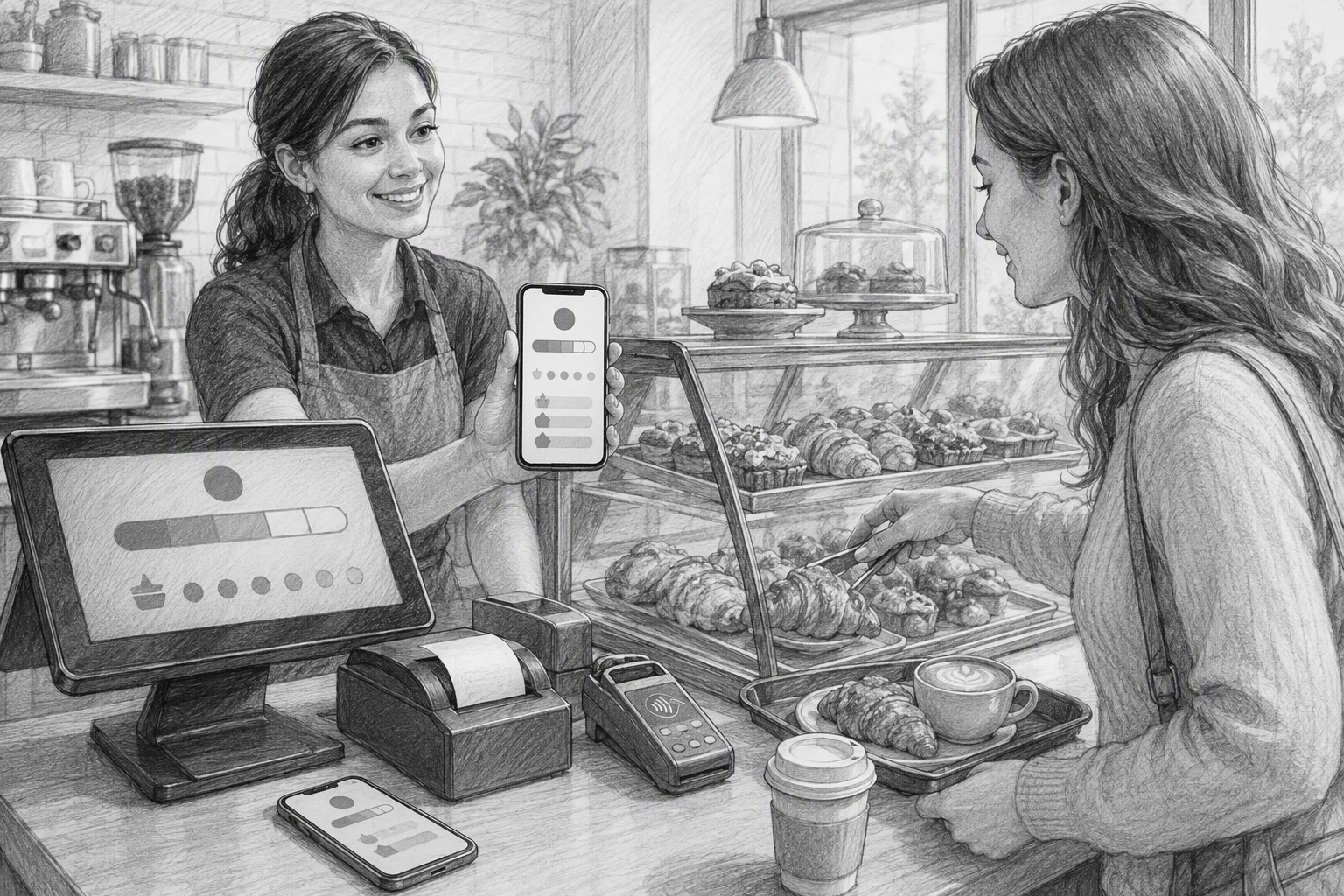 Cashier showing loyalty pass during customer purchase