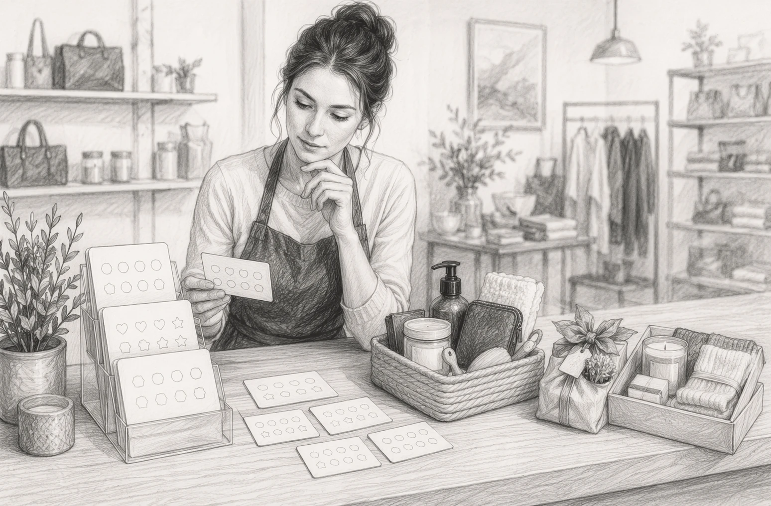 Boutique counter with loyalty cards and product bundles