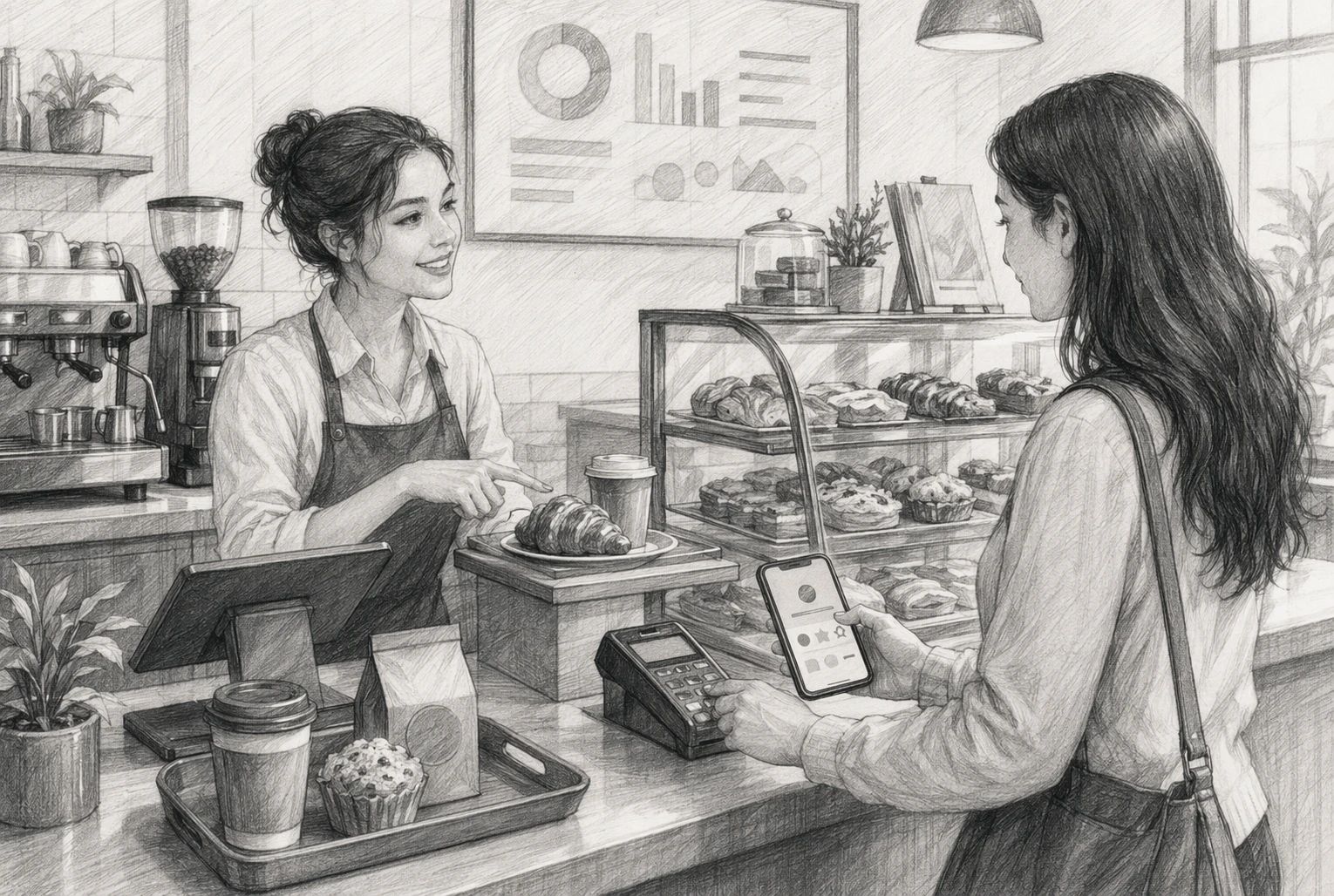 Cafe cashier upselling pastry and coffee to loyalty member