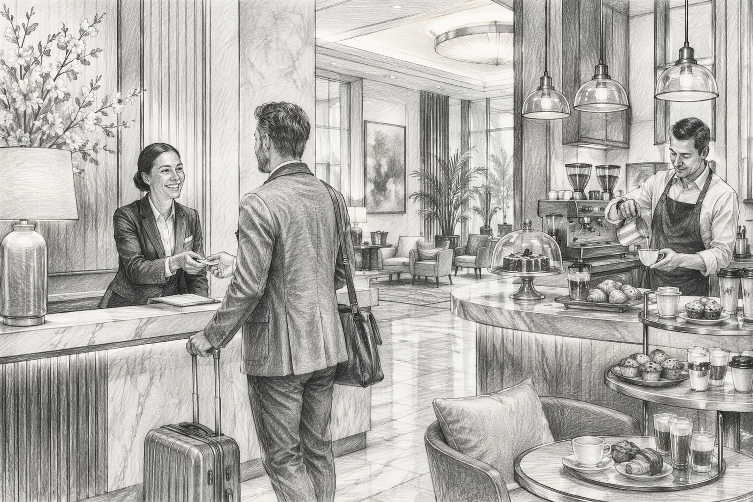 Hotel front desk agent greeting returning guest with barista preparing drinks