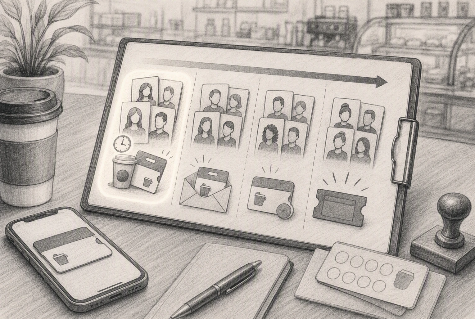 Pencil sketch of customer segmentation workflow with charts