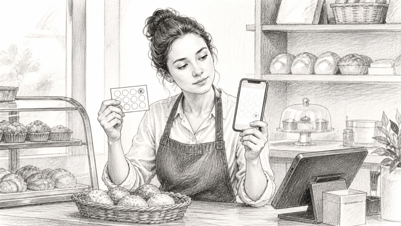 Shop owner comparing paper punch card and digital wallet pass at bakery register