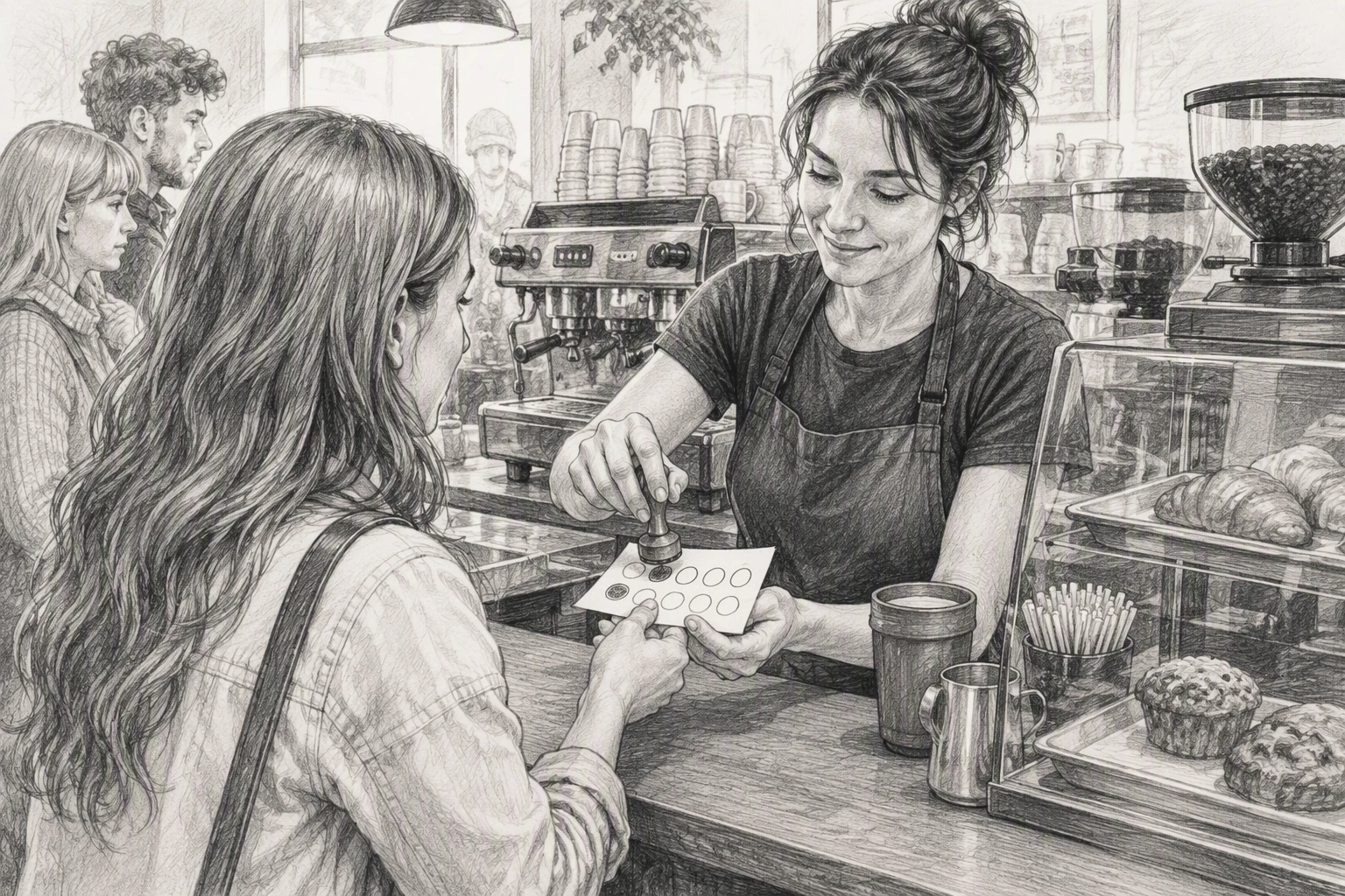 Barista stamping paper loyalty card at cafe counter