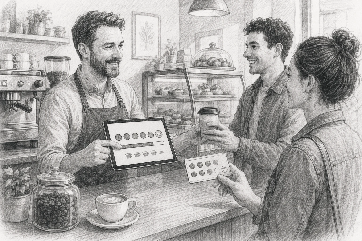 Coffee shop owner reviewing digital loyalty dashboard with returning customers