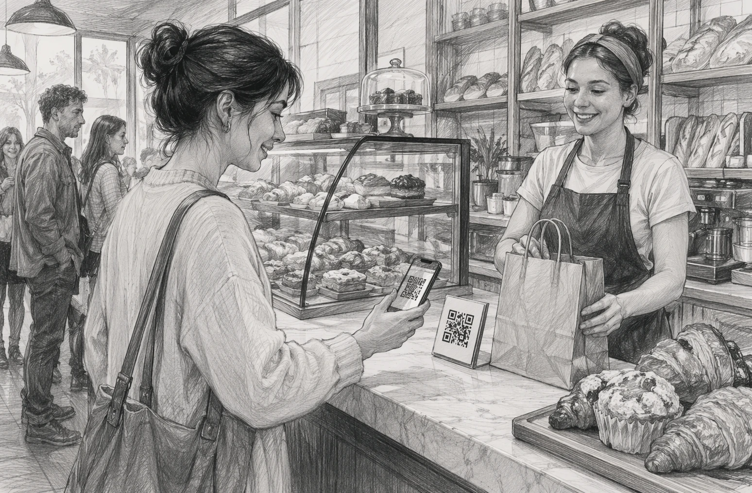 Customer scanning QR code at bakery checkout