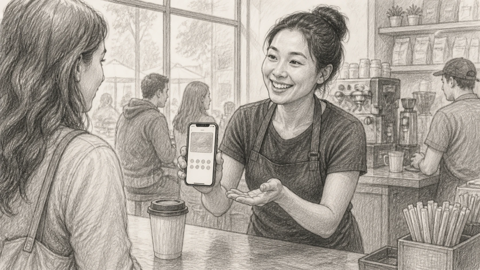 Barista demonstrating phone loyalty pass to customer
