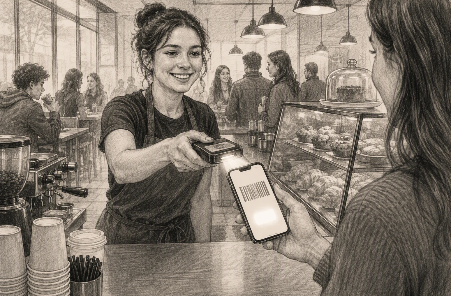 Barista scanning Apple Wallet pass at café counter