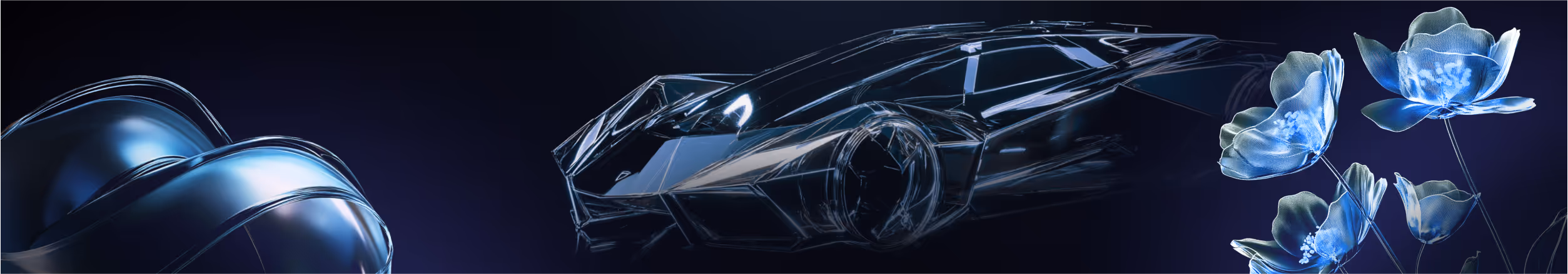 3d projects section, blue clean abstract objects, wireframe futuristic car and flowers