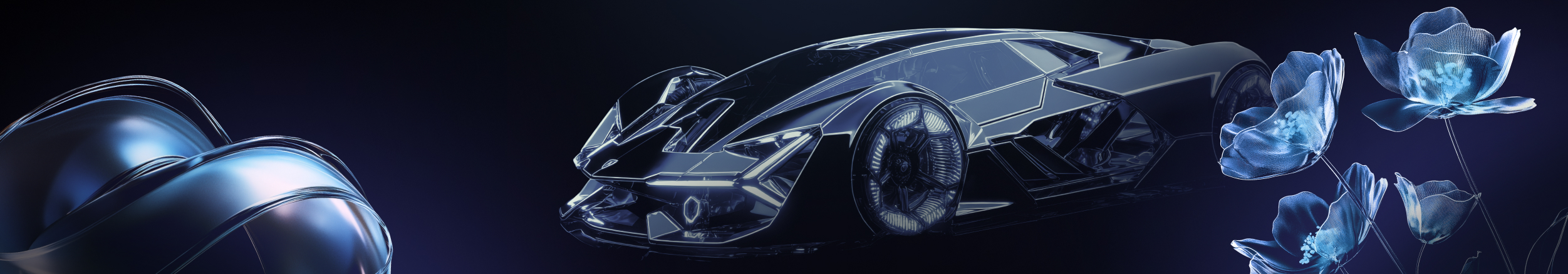 3d projects section, blue clean abstract objects, wireframe futuristic car and flowers