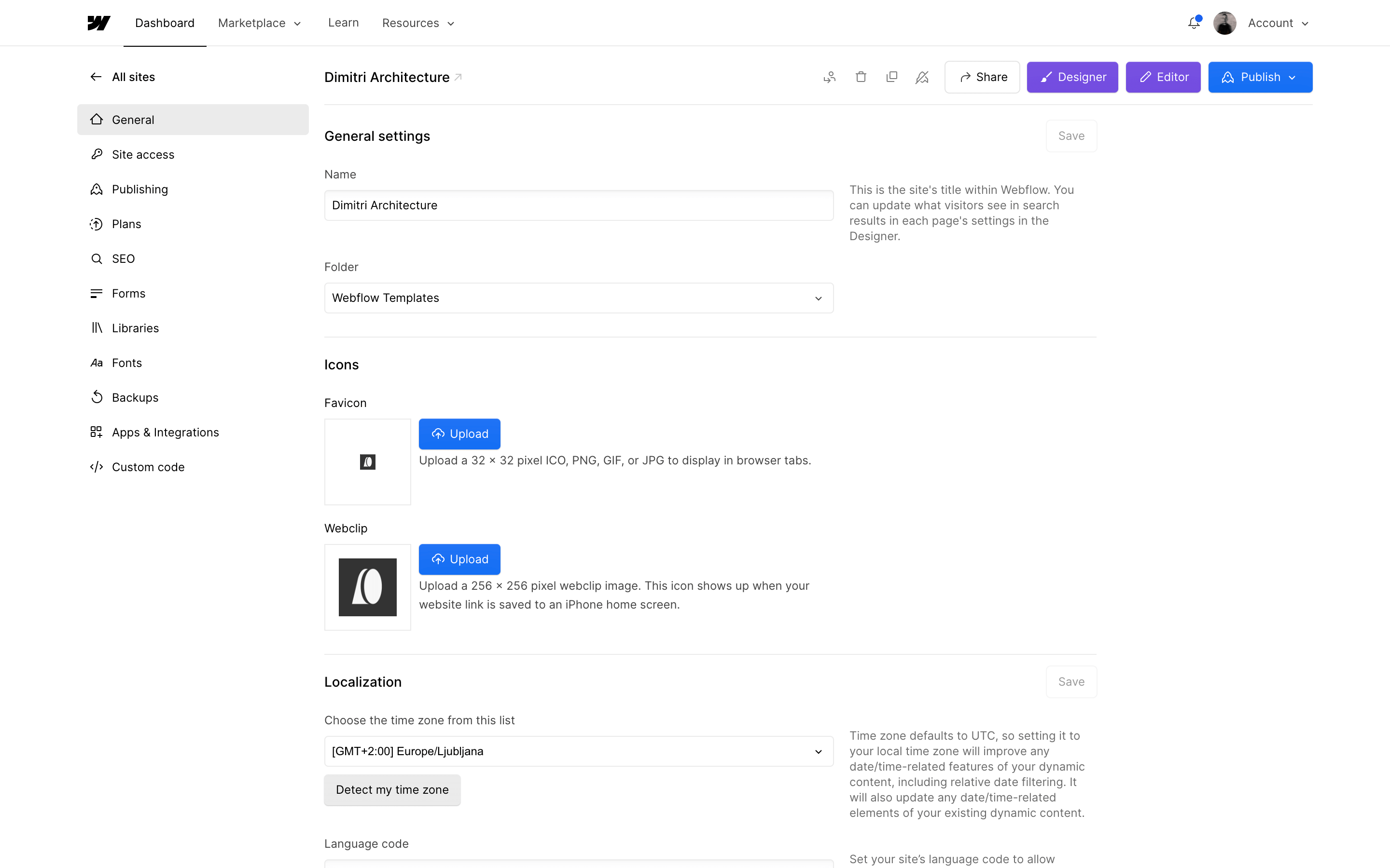 Webflow Site Settings