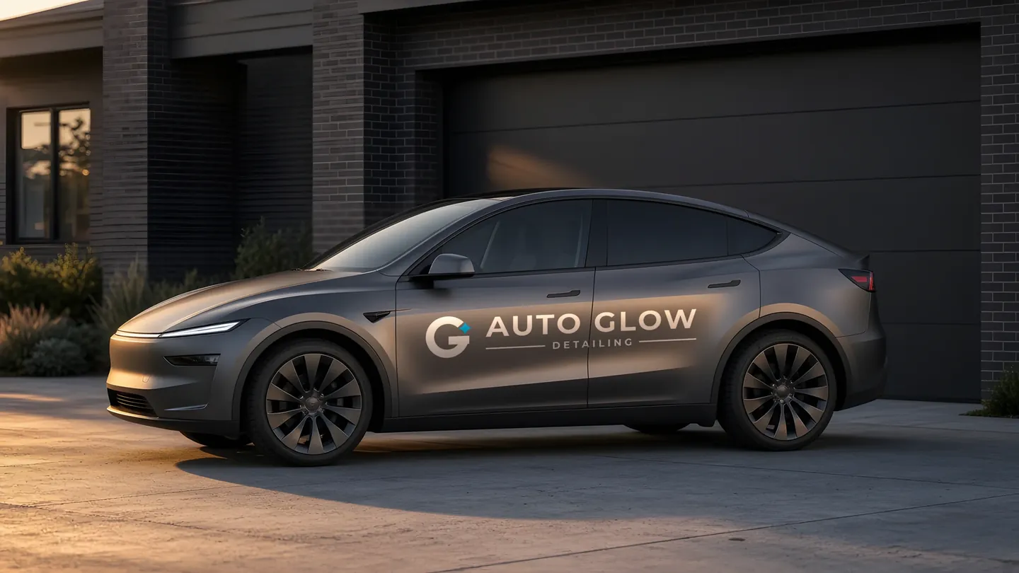 Matte grey electric SUV with Auto Glow Detailing door decal in a Waco driveway