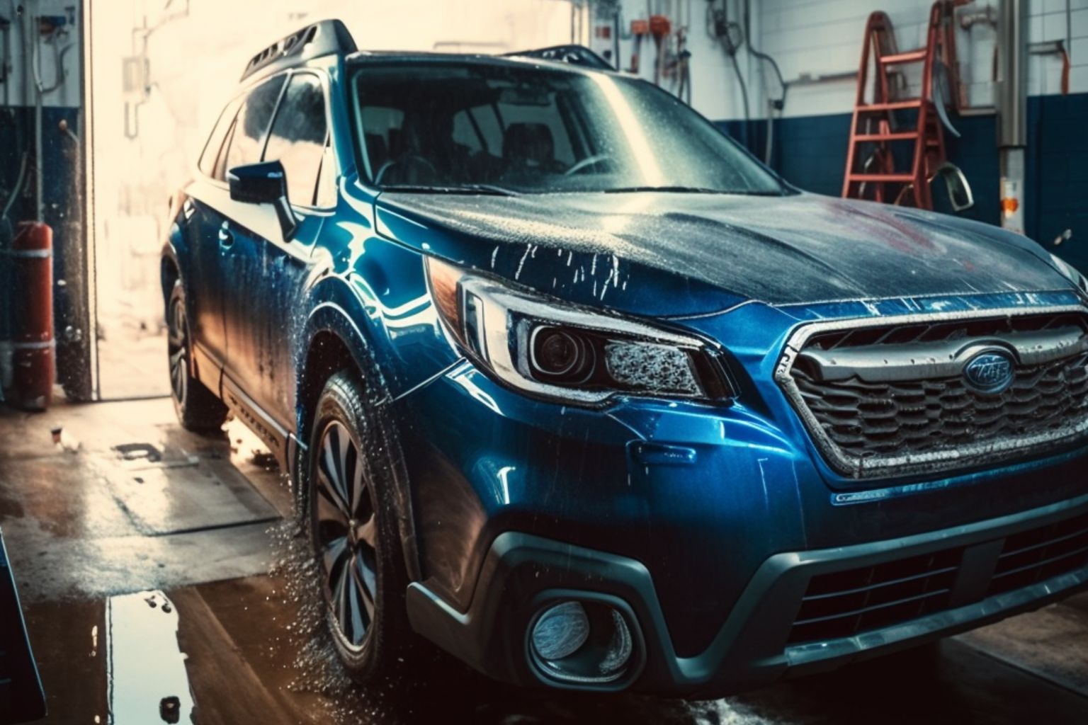 Car wash soap suds on a car’s painted panel