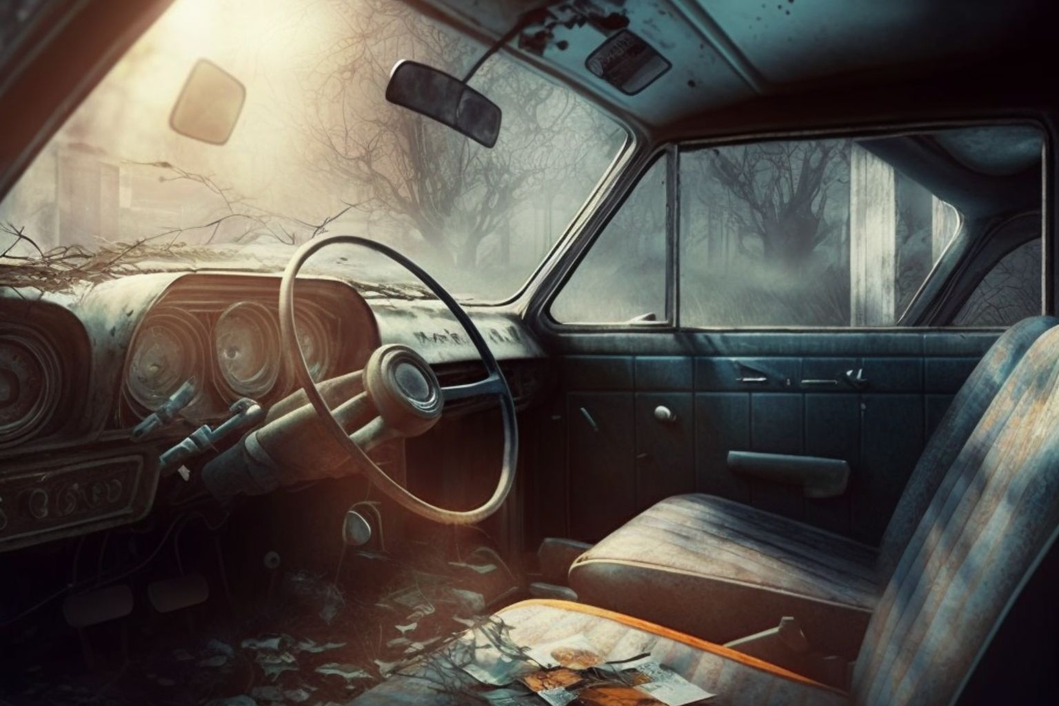 Car interior being cleaned after a break-in