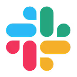 Slack logo featuring four stylized, colorful bar shapes arranged in a hashtag pattern.