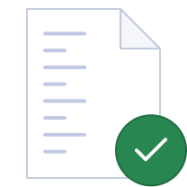 Document icon with lines representing text and a green circle containing a white check mark overlay.